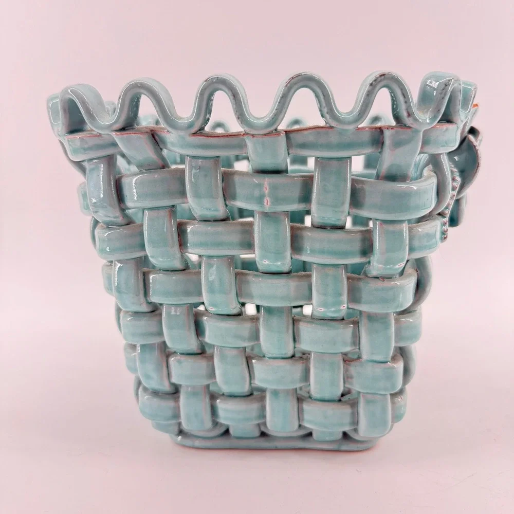 Ceramic Woven Basket Turquoise Rose Floral Lattice Decorative Bowl 7